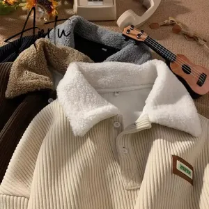Aiertu Corduroy Button Sweatshirts Pullover Warm Contrasting Polo Hoodie Women Vintage Harajuku Hoodies Oversized Plus Velvet Thickened
