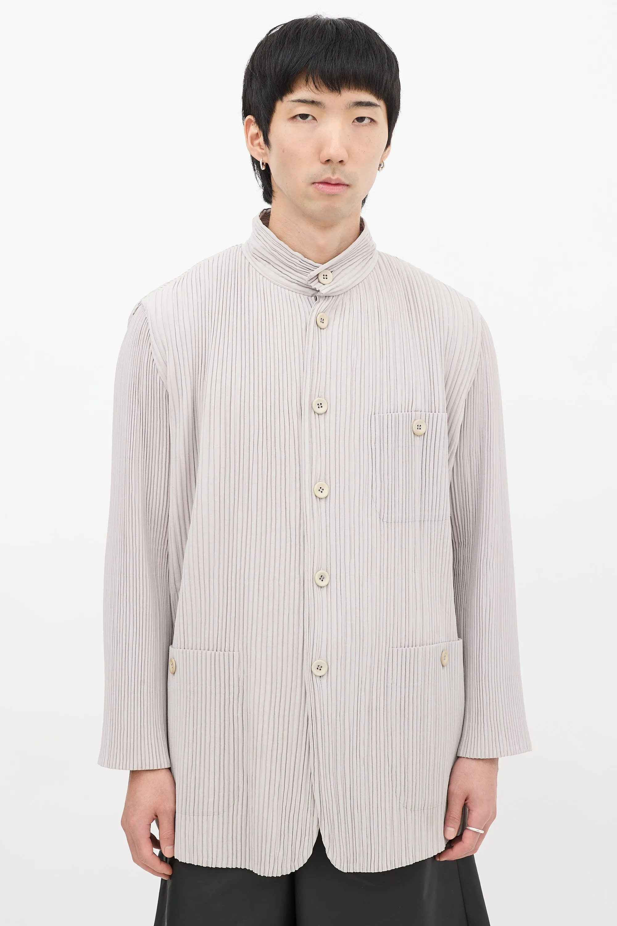 Grey Pleated Three Pocket Padded Jacket