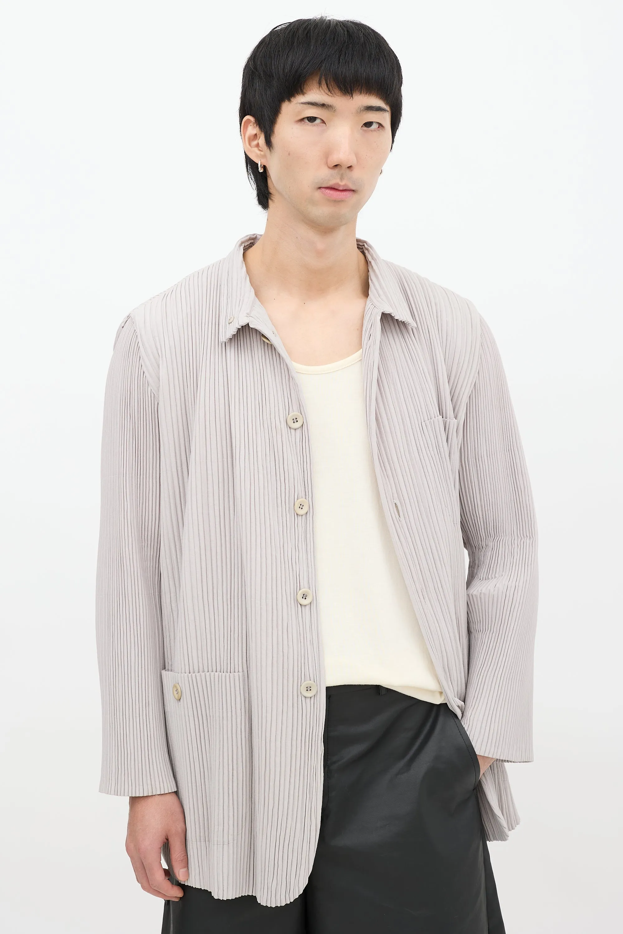 Grey Pleated Three Pocket Padded Jacket