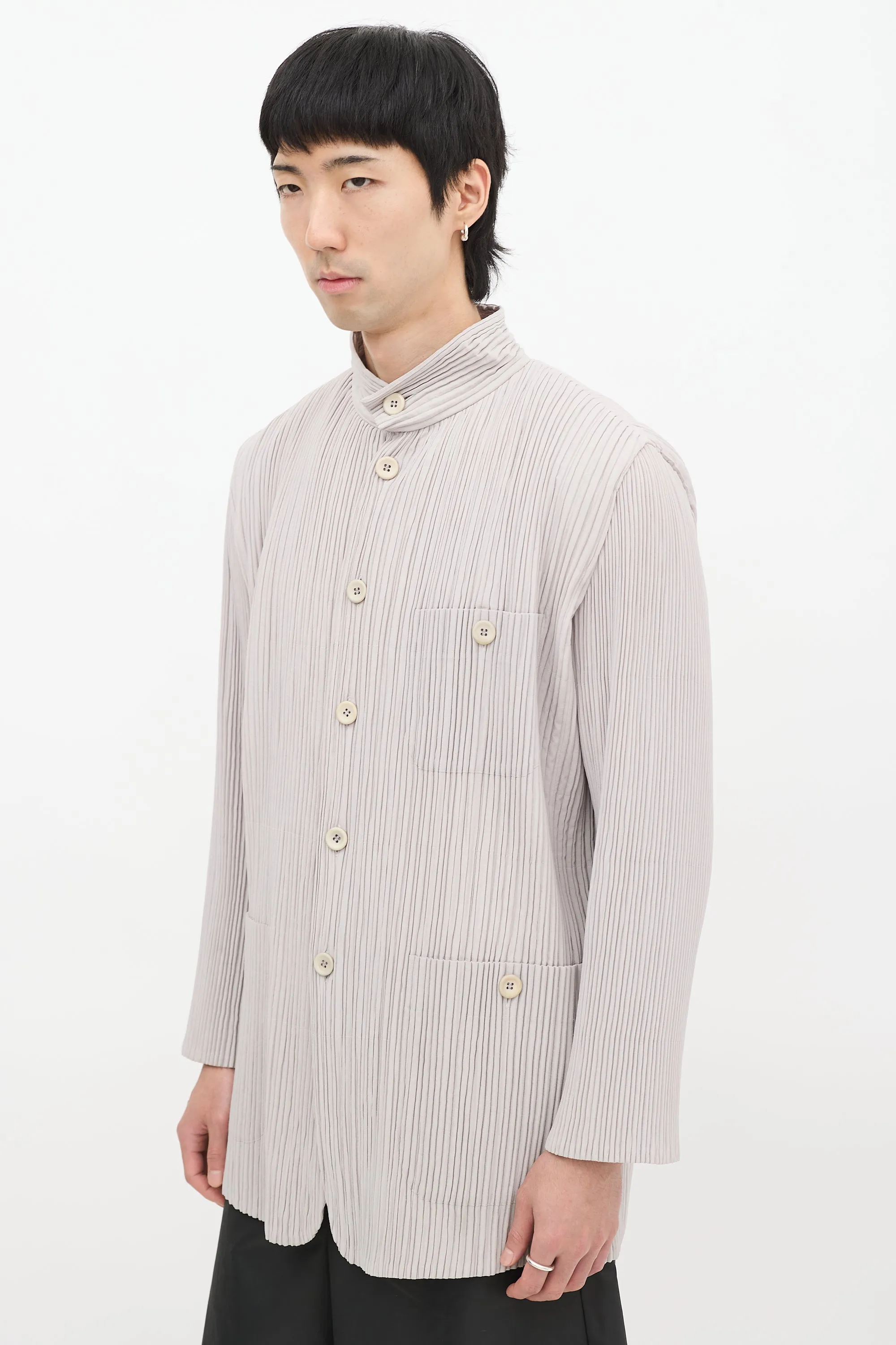 Grey Pleated Three Pocket Padded Jacket