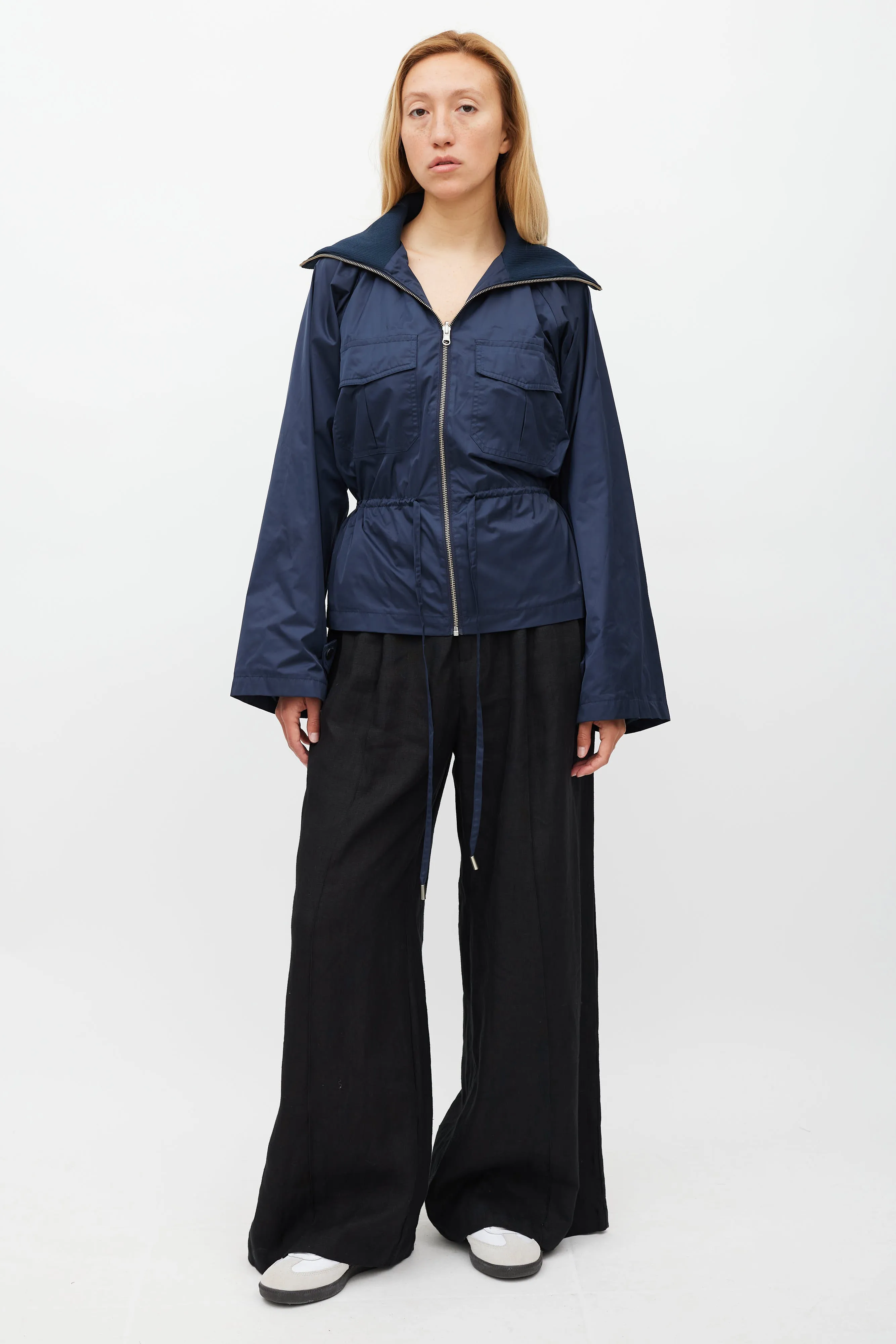 Navy Nylon Waist Tie Jacket