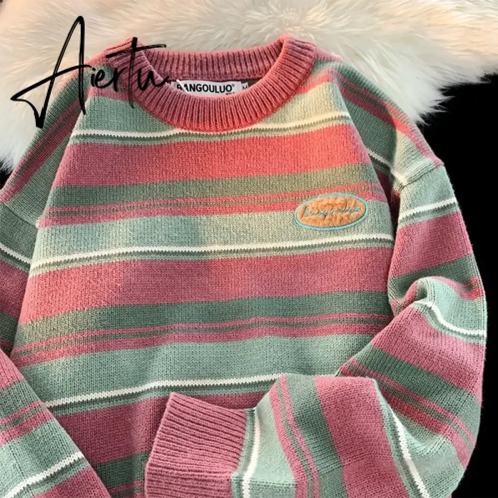 Retro Women Sweaters Winter Streetwear New Warm Knitted Tops Harajuku Hip Hop Loose Stripes Pullovers Couple Sweater Women